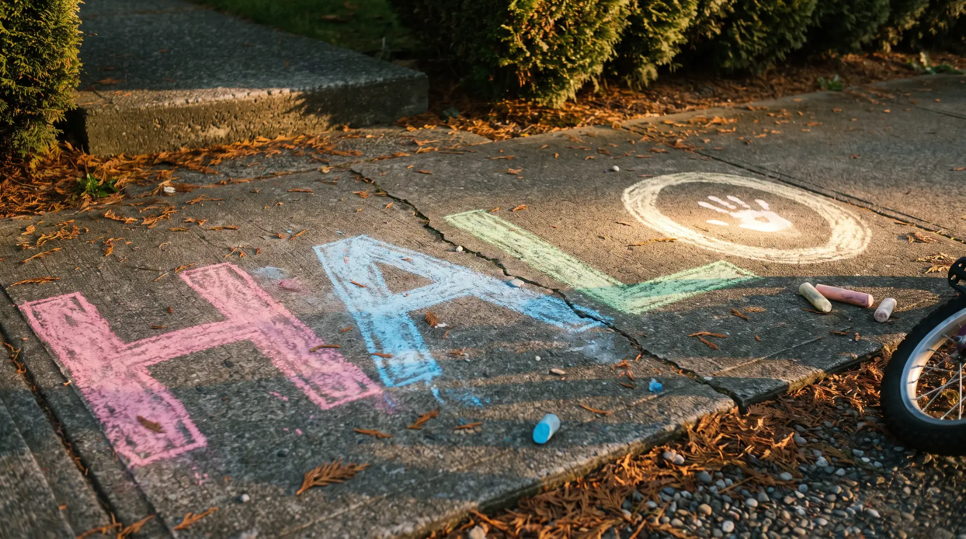 Halo chalked on a sidewalk, the O a handprint