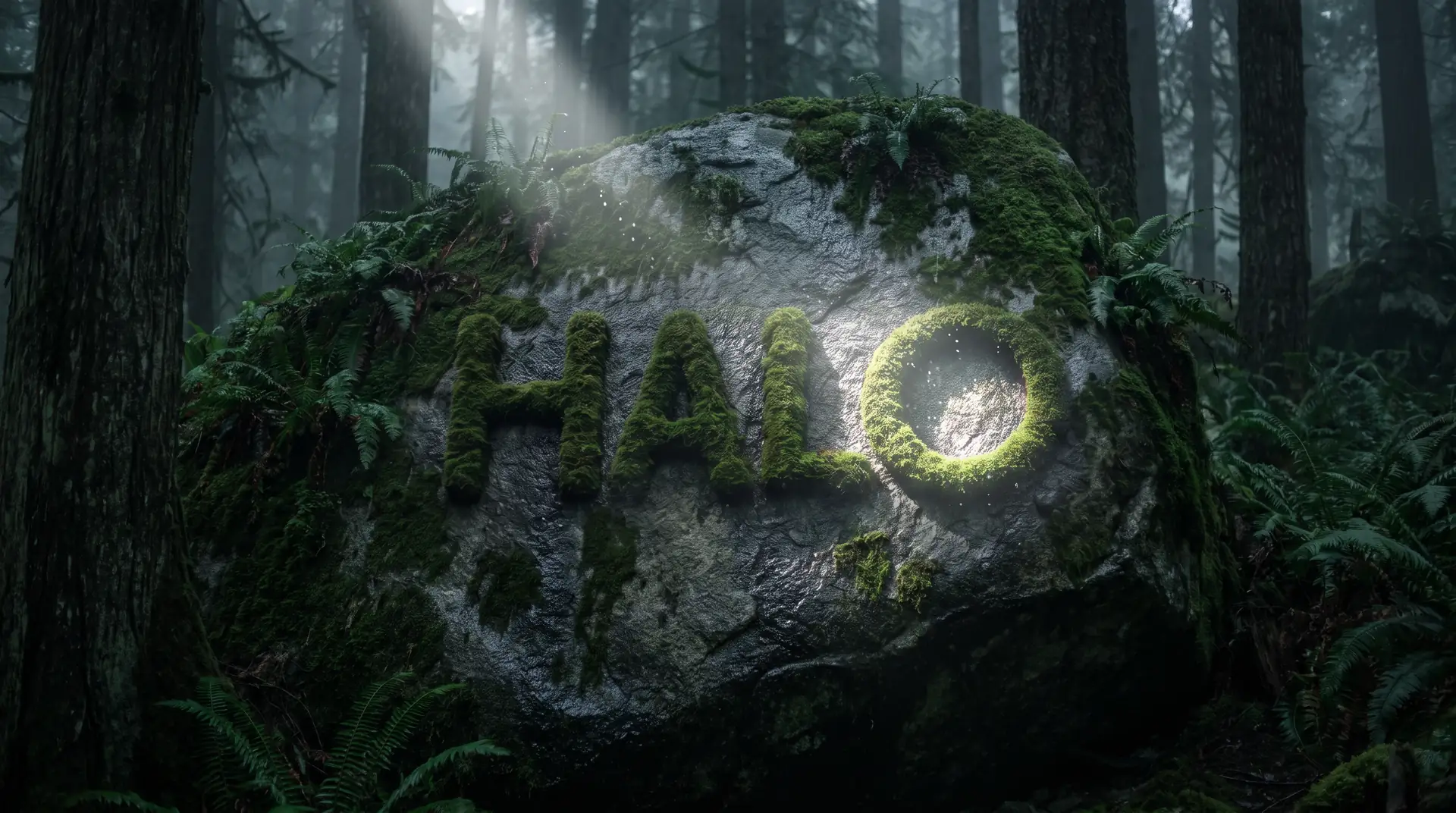 Halo grown in moss on a boulder in a forest