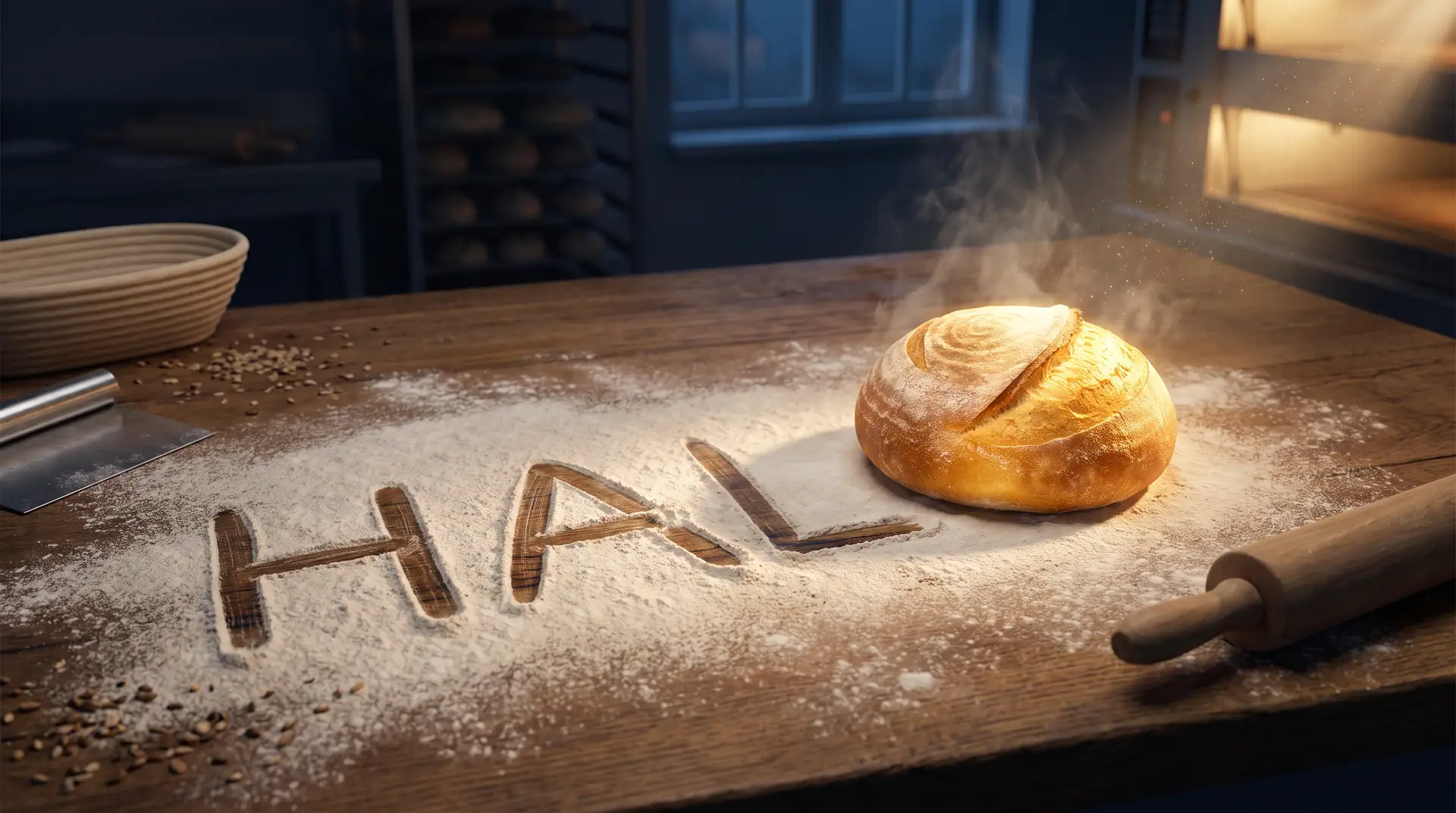 Halo written in flour on a bakery bench, the O a fresh loaf