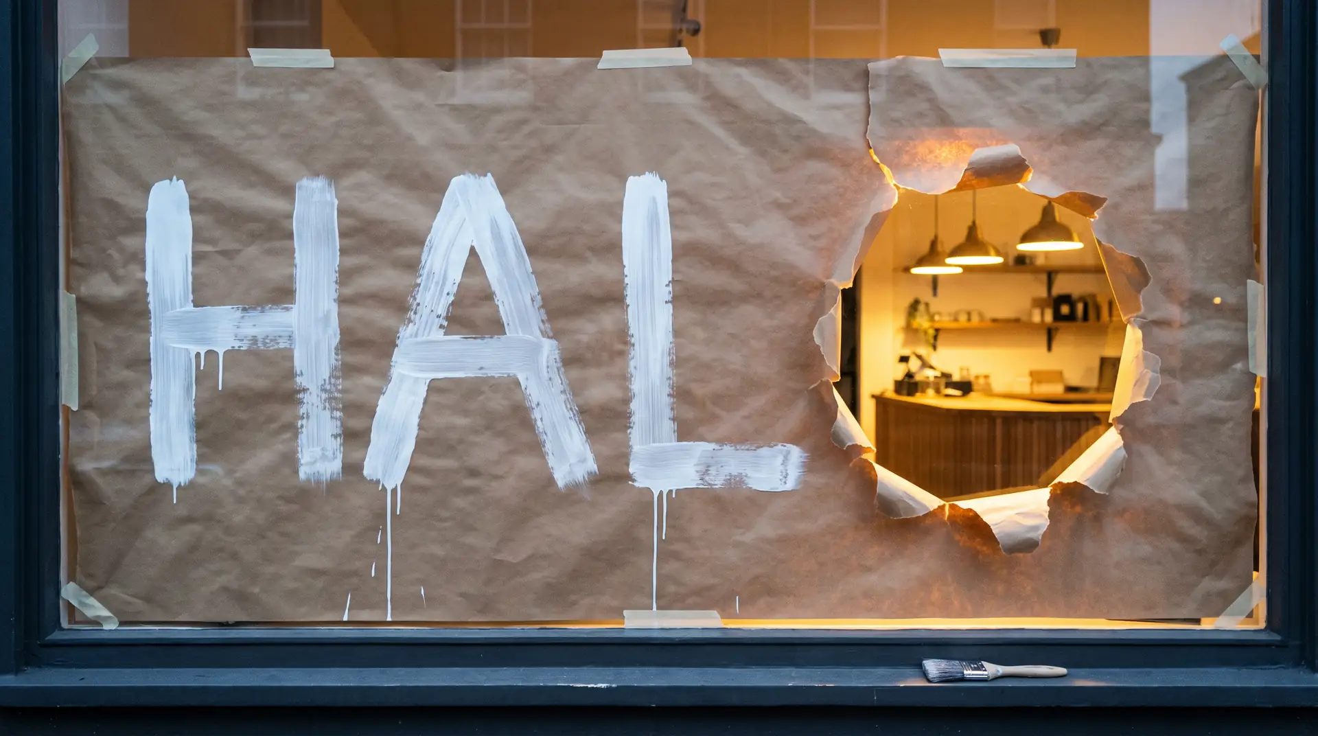 Halo painted on paper over a shop window, the O torn open on a lit shop inside