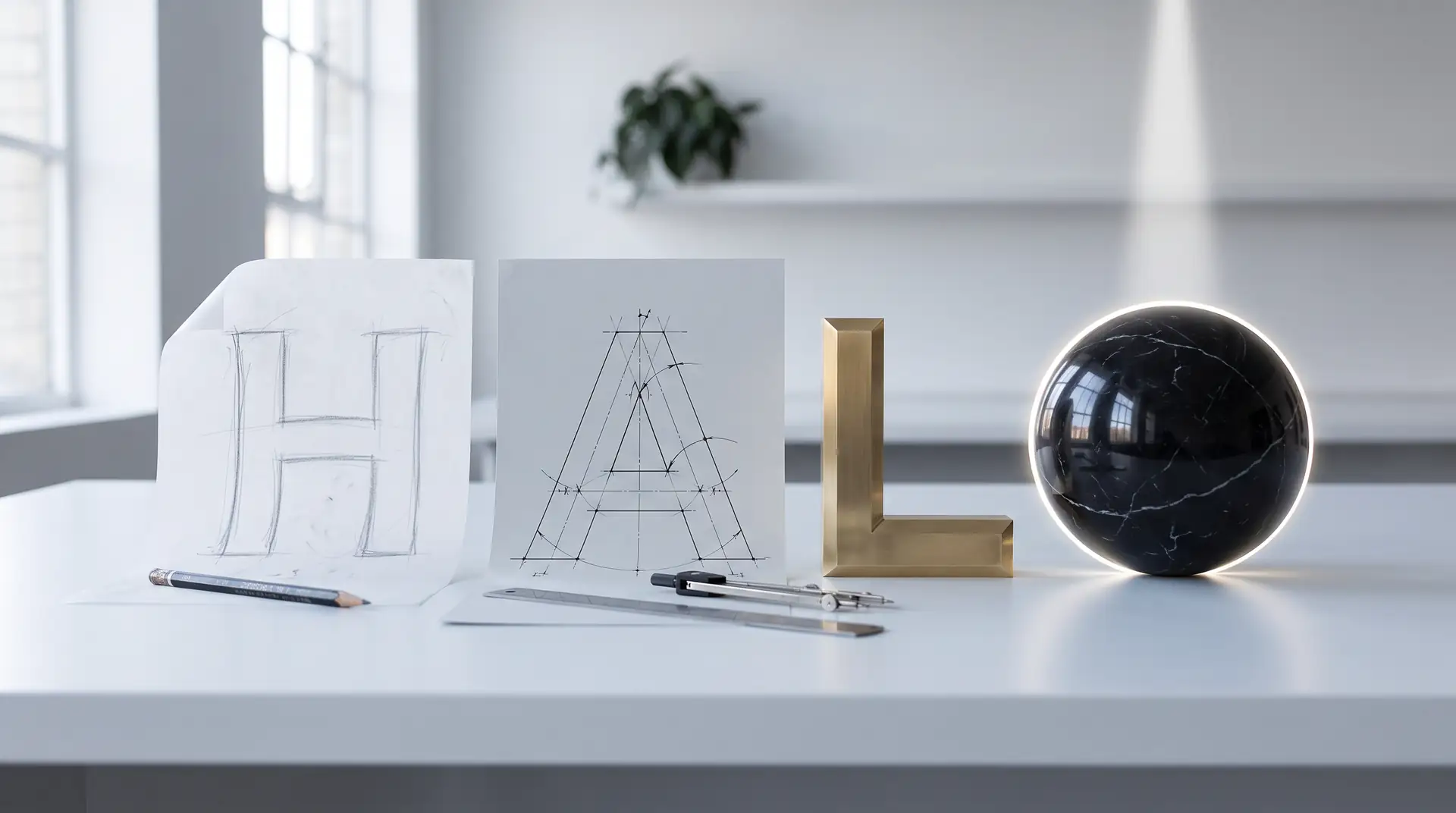 Halo drafted letter by letter on a white desk, the O a marble sphere